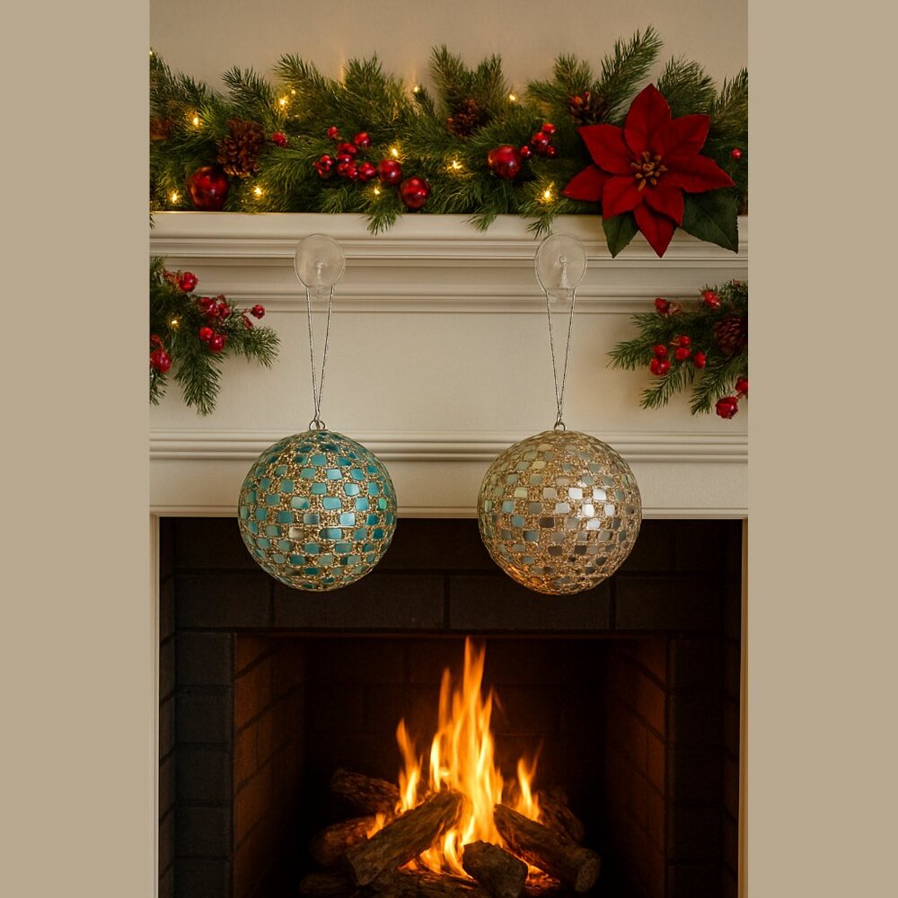 NEW Set of 2 Large Glass Mirror Disco Ball Ornaments with Rhinestones